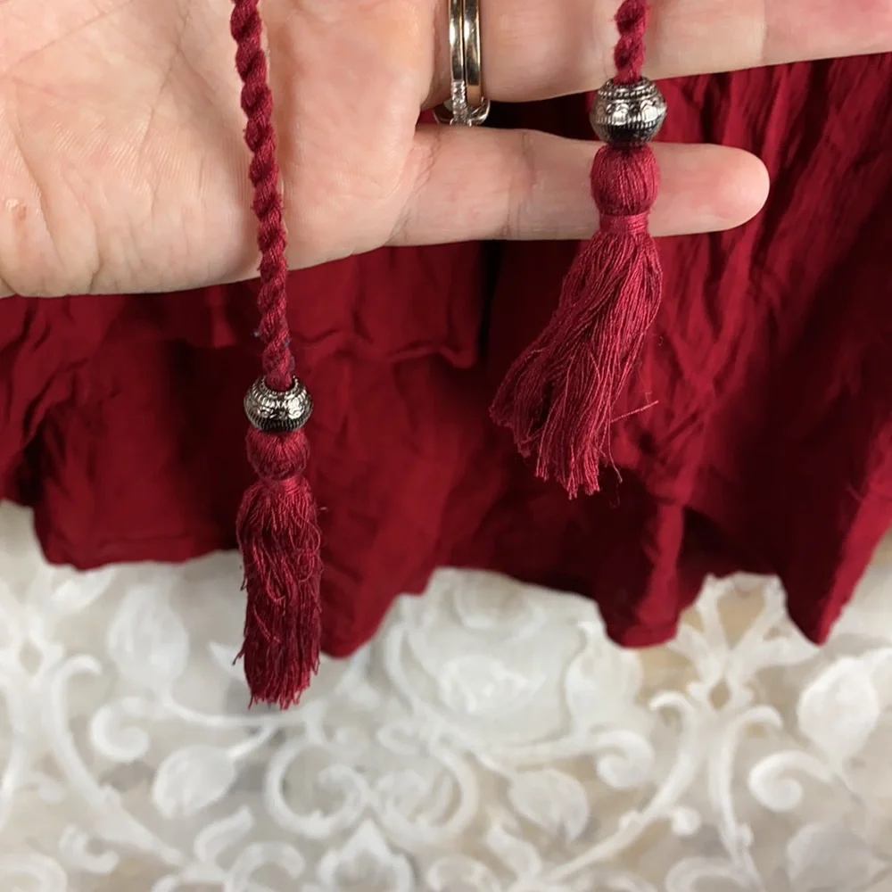 Artesia Boho Chic Peasant Blouse Red Lace trim lace up long sleeve shirt Medium - Picture 7 of 13